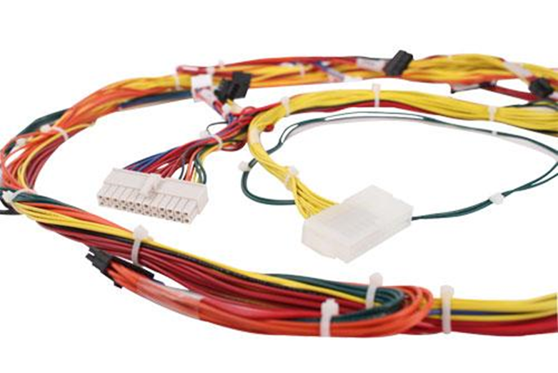 Close-up of custom wiring harness with connectors 