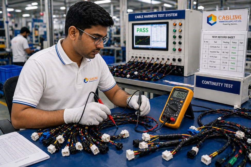 Technician testing cable harness with continuity tester in factory uniform.