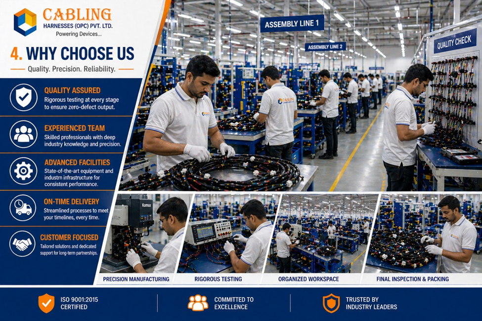 Staff inspecting harness assemblies on the production floor.

