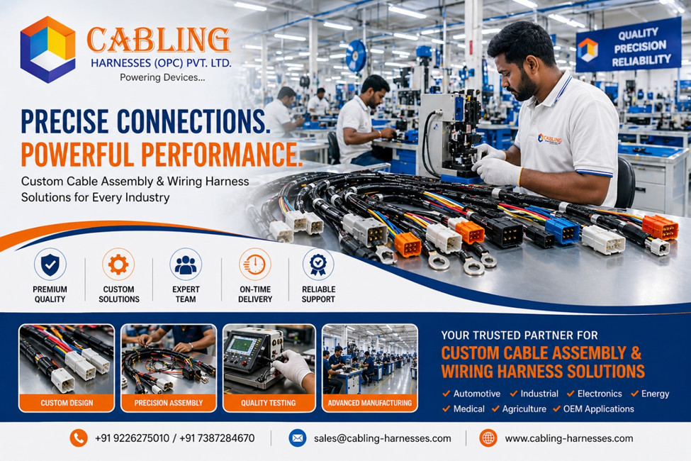  Cabling Harnesses company banner with industrial factory background and wiring harness components.