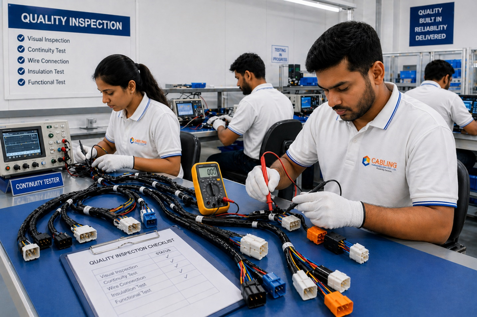 Quality inspection team testing cable assemblies and wiring harnesses in production lab.