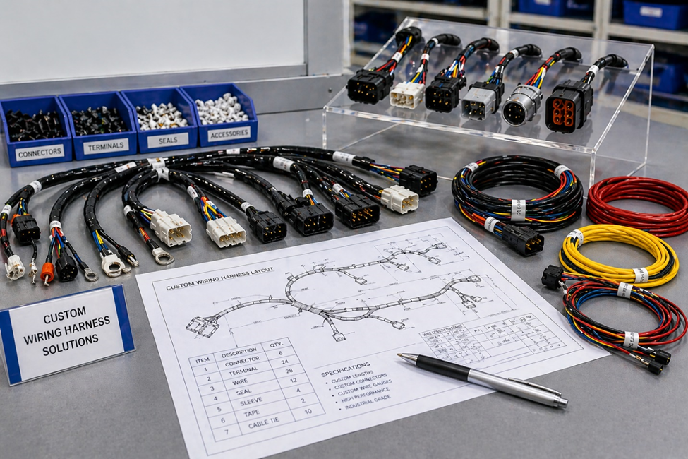  Custom cable assembly components with connectors, organized wiring layouts, and design workspace.