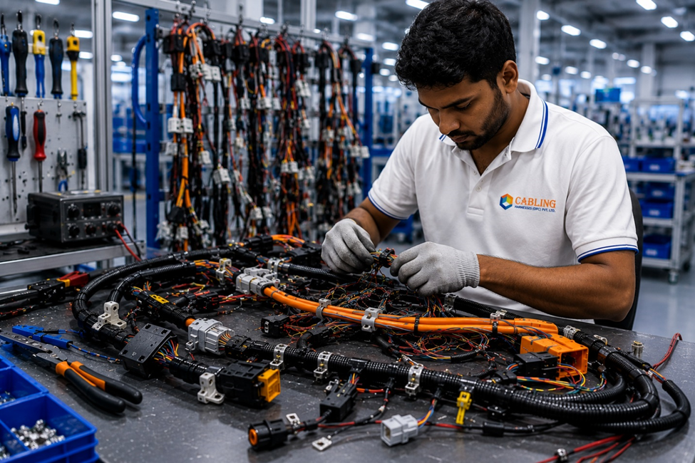 - Technician assembling automotive wiring harness in factory