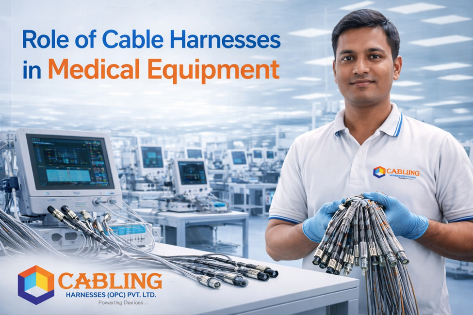 Engineer holding medical cable harness assemblies inside an advanced healthcare equipment manufacturing facility.
