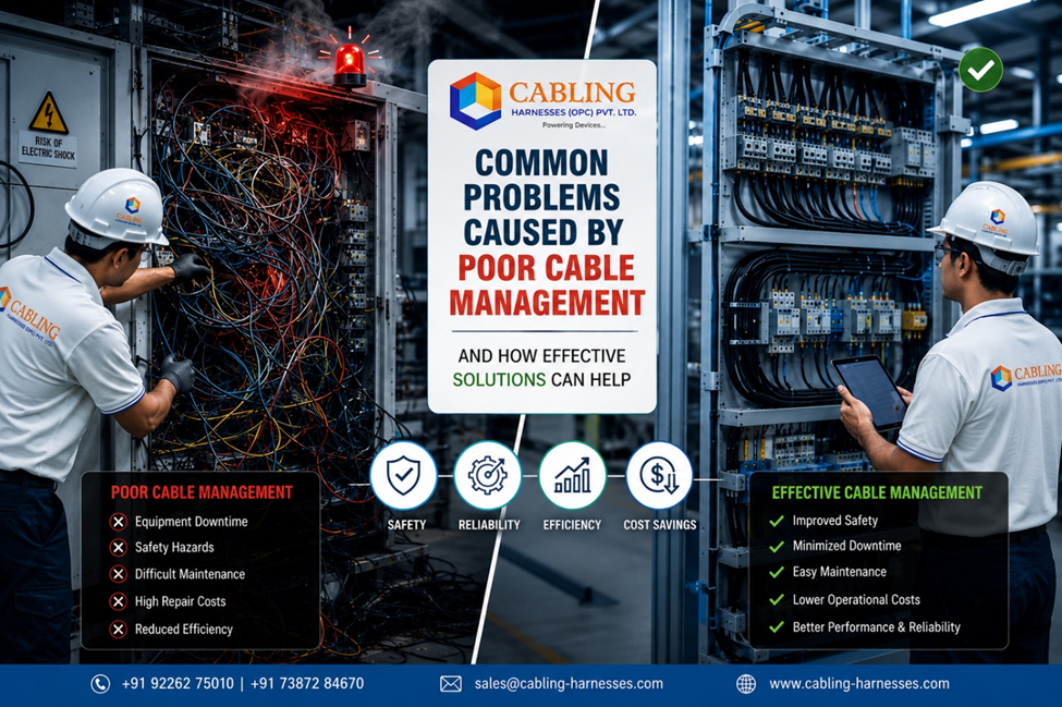 “Industrial comparison showing poor cable management with tangled wires versus organized cable management solutions in a modern manufacturing facility.”