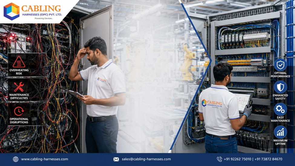 “Poor cable management versus organised cable management solutions in a modern industrial manufacturing facility.”