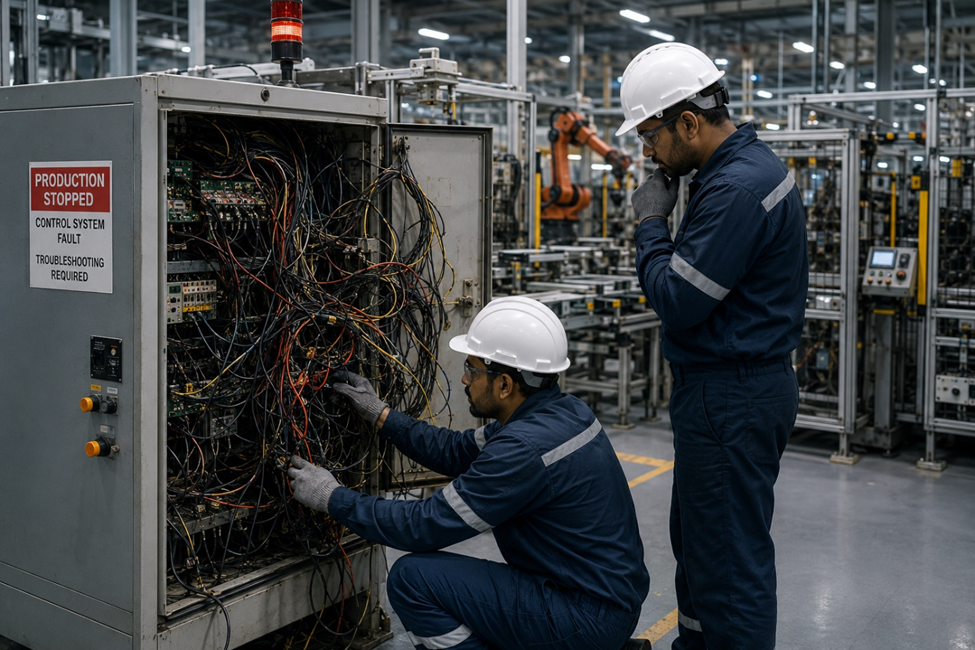 “Industrial equipment downtime caused by tangled electrical cables and poor wiring management