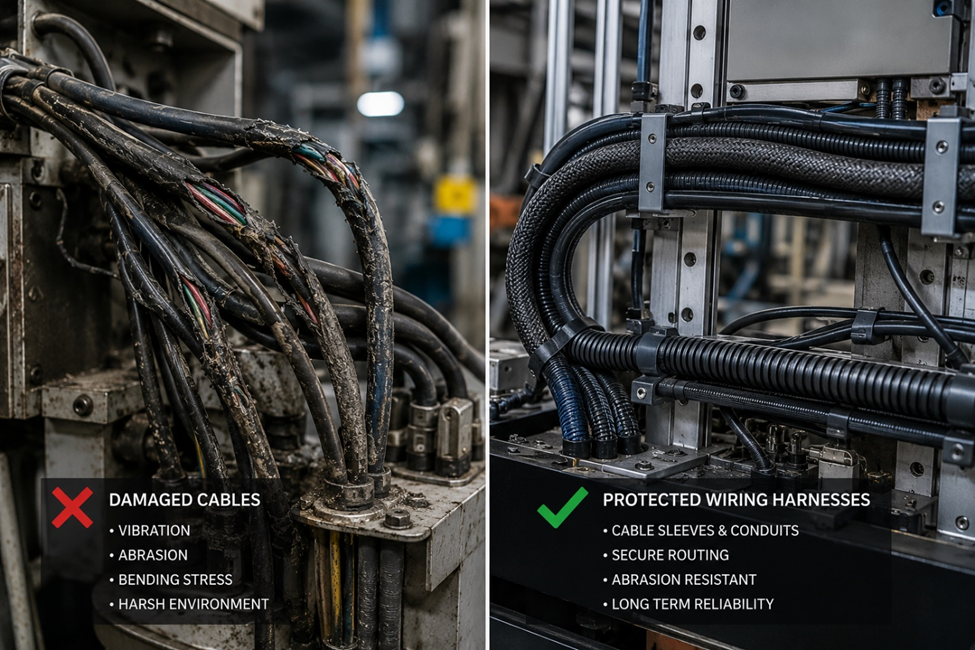 “Damaged industrial cables compared with protected wiring harness assemblies.”