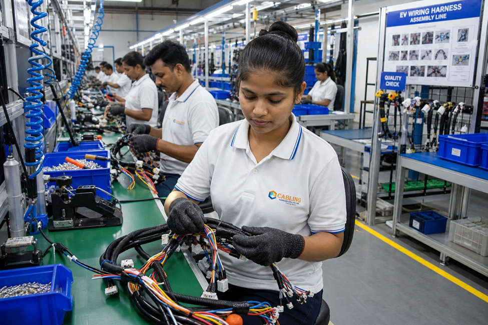Factory floor showing an organized production line and technicians assembling harnesses.