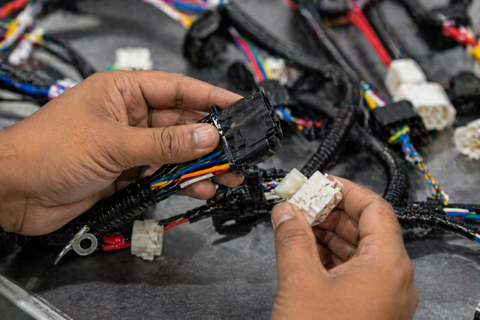 “Custom wiring harness manufacturing and quality inspection in an industrial facility.”