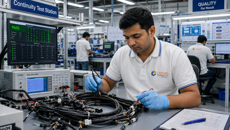 Engineer testing custom wiring harness assemblies for export quality compliance