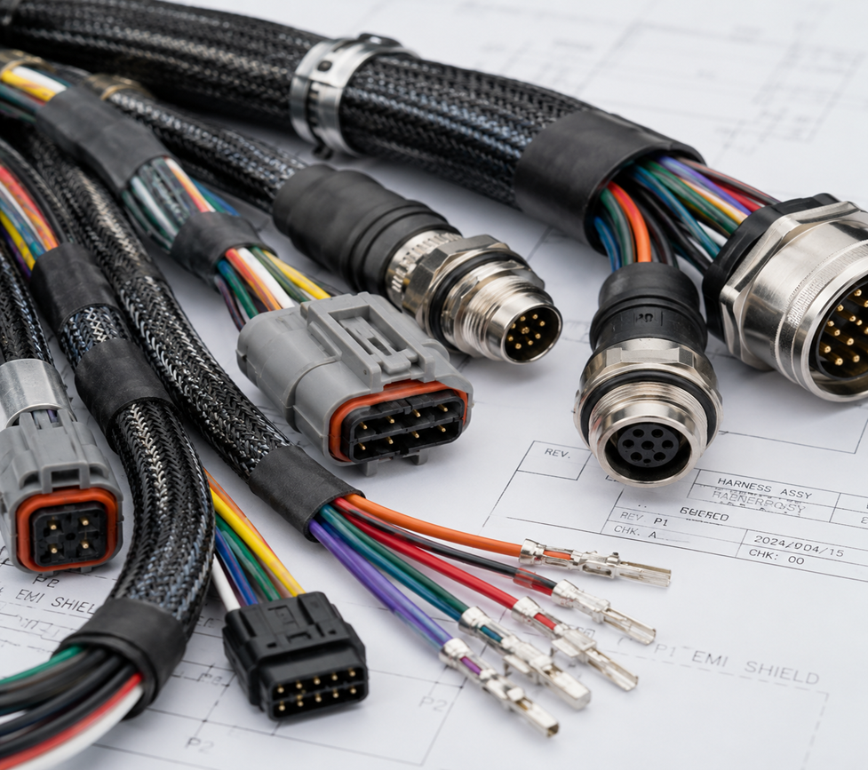 Customized wiring harness assembly with precision connectors and EMI shielding