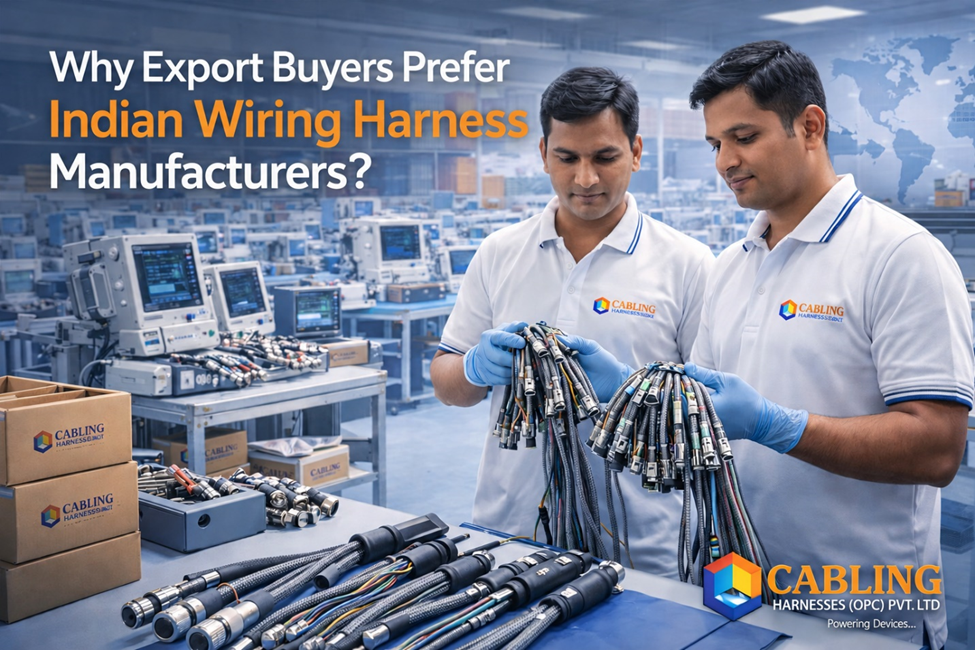 Indian engineers inspecting export-quality wiring harness assemblies in a modern cable manufacturing facility.