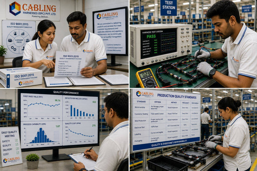 Engineers managing ISO quality control in wiring harness manufacturing