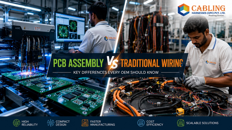 SMT PCB assembly and wiring harness manufacturing comparison banner.