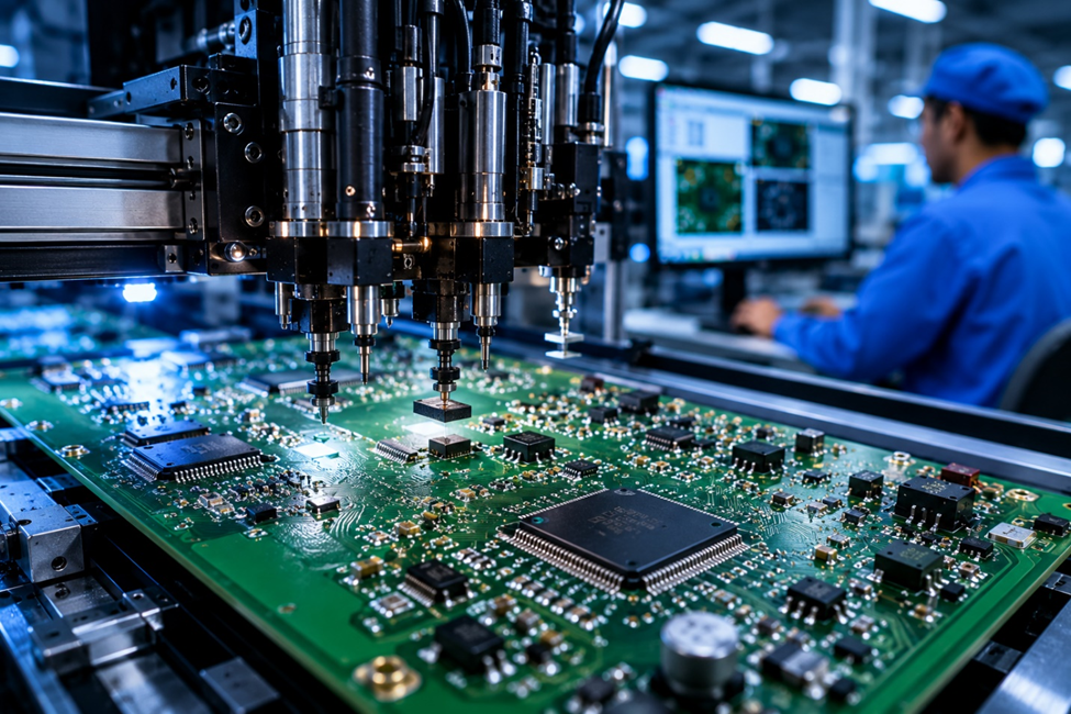  Close-up of SMT PCB assembly with robotic pick-and-place machine