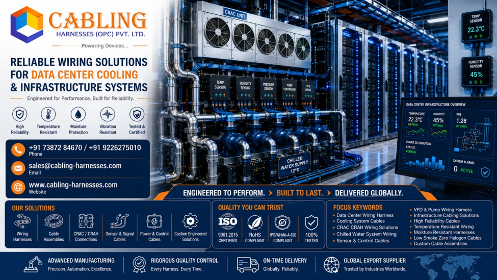 Advanced data center cooling system with server racks, CRAC and CRAH units, industrial wiring harnesses, cooling pumps, temperature sensors, and smart monitoring dashboards.
