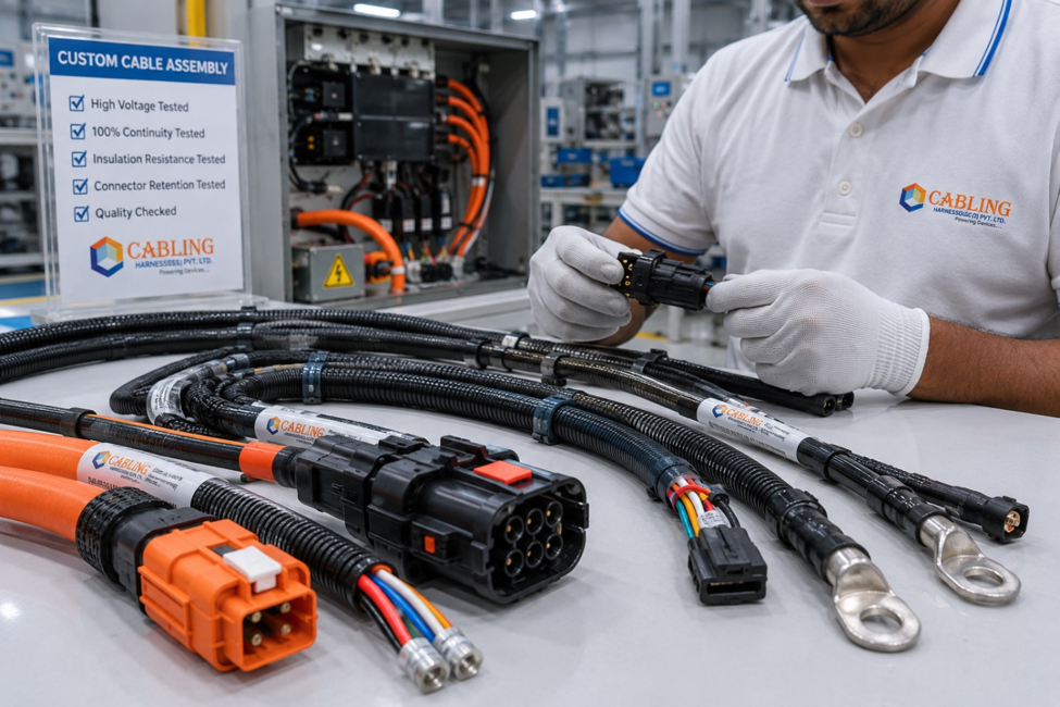 Custom cable assembly with connectors and protective outer jacket.