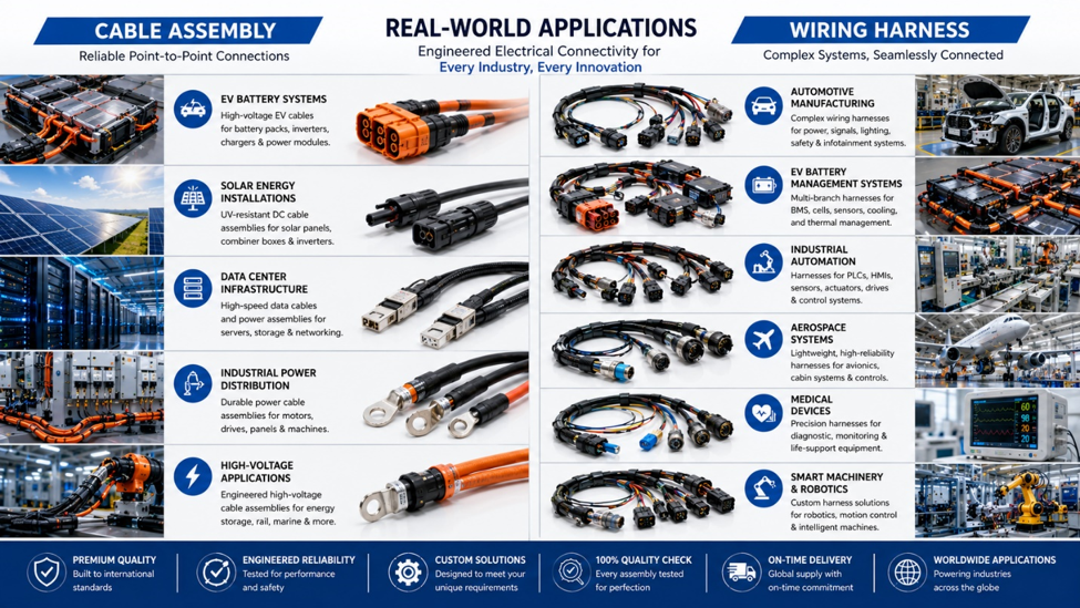 Applications of cable assemblies and wiring harnesses in automotive and industrial industries.