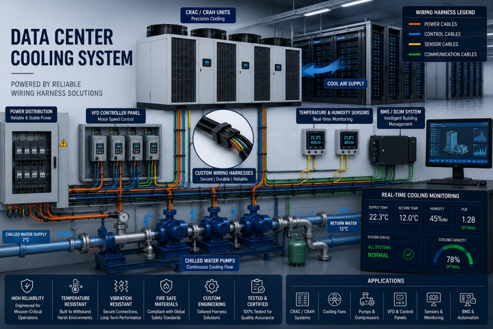 Engineering diagram of data center cooling infrastructure showing custom wiring harnesses connecting CRAC units, pumps, sensors, VFD controllers, and building management systems.
