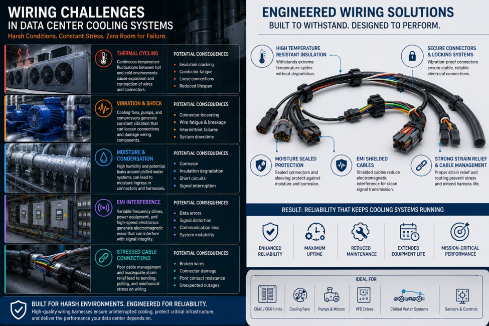 Industrial infographic showing wiring challenges in data center cooling systems including thermal cycling, vibration, condensation, EMI interference, and cable stress.