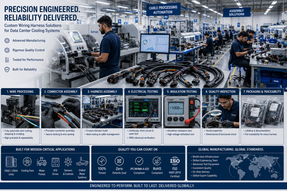 Industrial wiring harness manufacturing facility with cable assembly production, electrical testing equipment, quality inspection processes, and certified engineering operations.