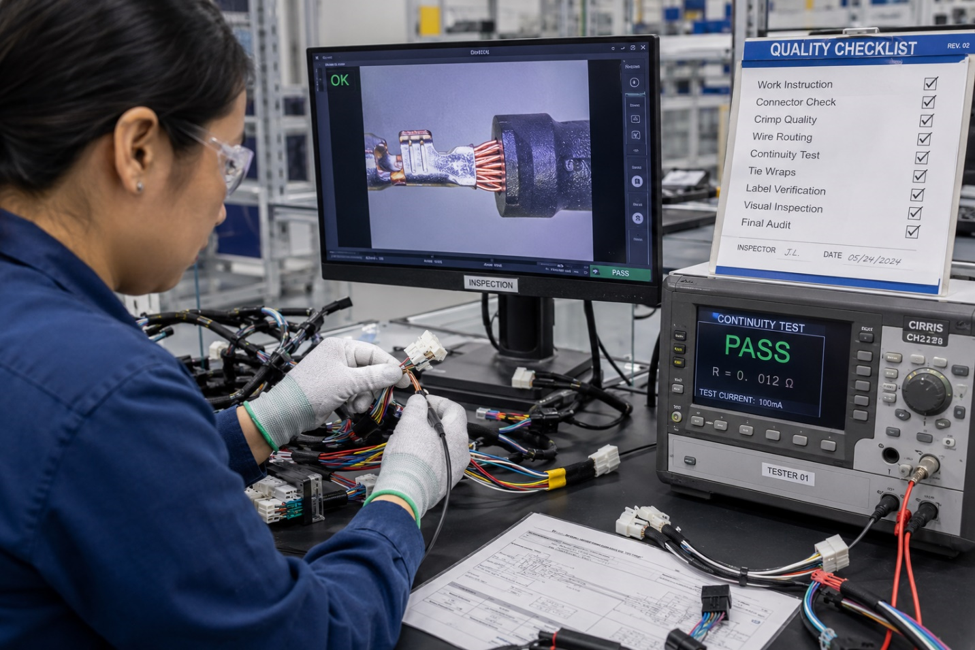 Quality control inspection of wiring harness assemblies with electrical testing equipment