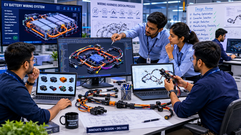 Engineers develop custom wiring harness designs using CAD software and technical drawings.