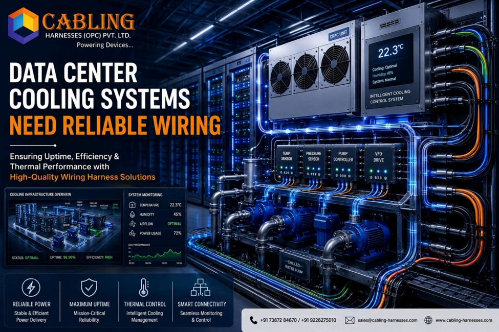 Data center cooling system with advanced wiring harnesses, server racks, CRAC units, cooling infrastructure, sensors, and monitoring systems.